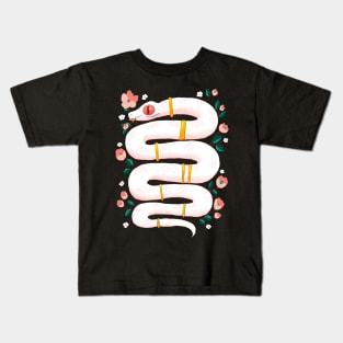 White Snake with Pink Flowers Kids T-Shirt